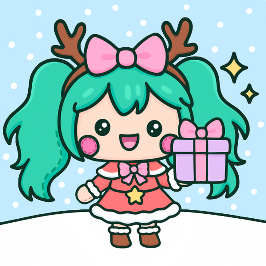 Kawaii character with green hair, pink bow, and reindeer antlers holding a gift against a snowy background.