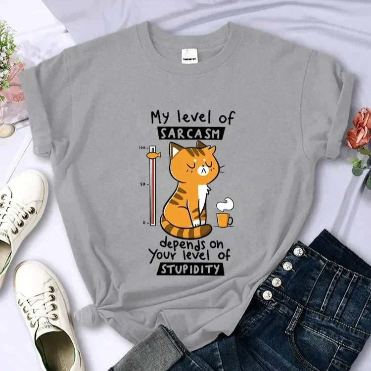 Kawaii Sarcastic Cat T-Shirt in Grey