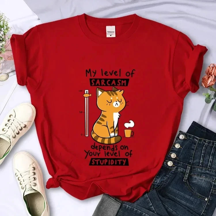 Kawaii Sarcastic Cat T-Shirt in Red