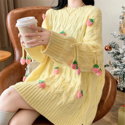 Kawaii Strawberry Loose Knit Sweater in Yellow