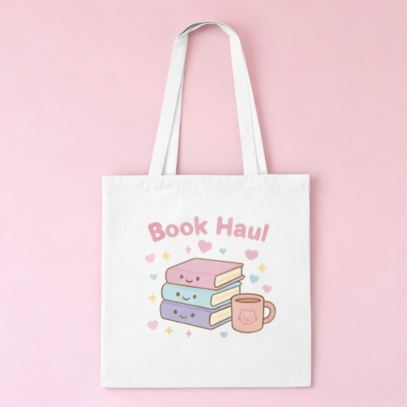 Tote bag with 'Book Haul' design featuring books and a mug on a pink background