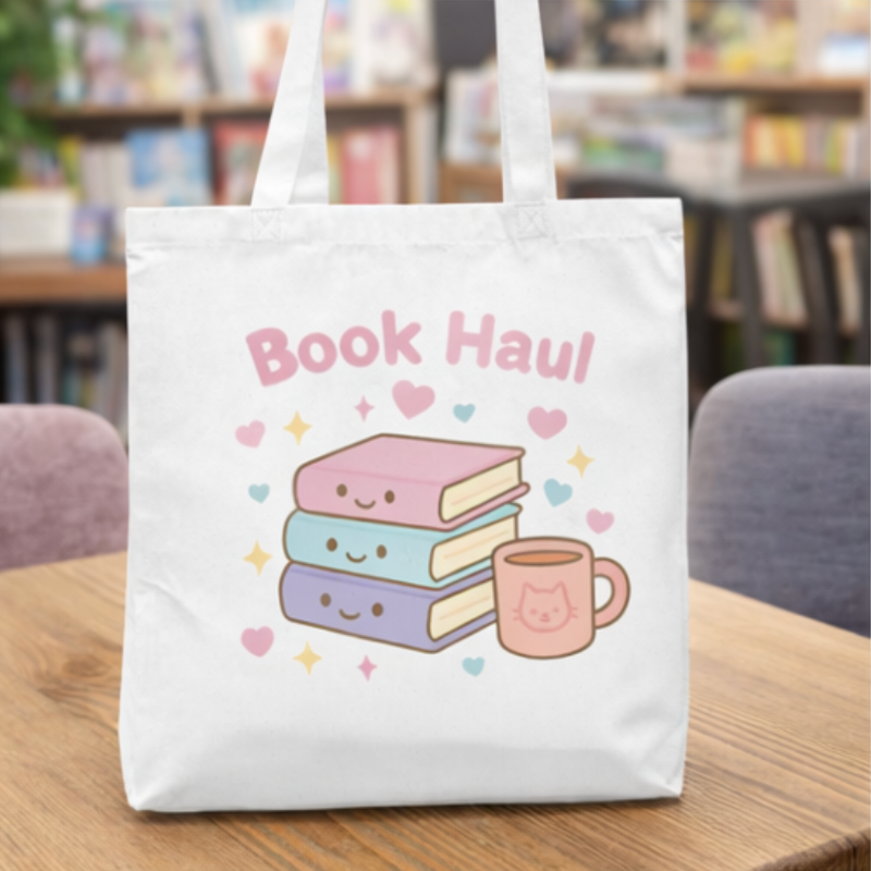Tote bag with 'Book Haul' design featuring books and a mug on a table in a library setting.