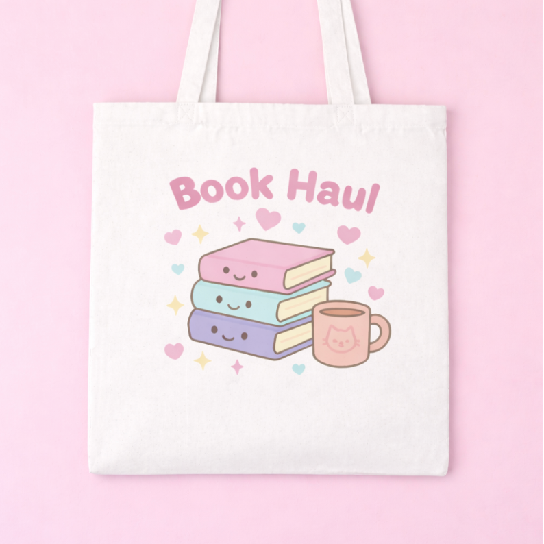 Tote bag with 'Book Haul' text and book illustrations on a pink background