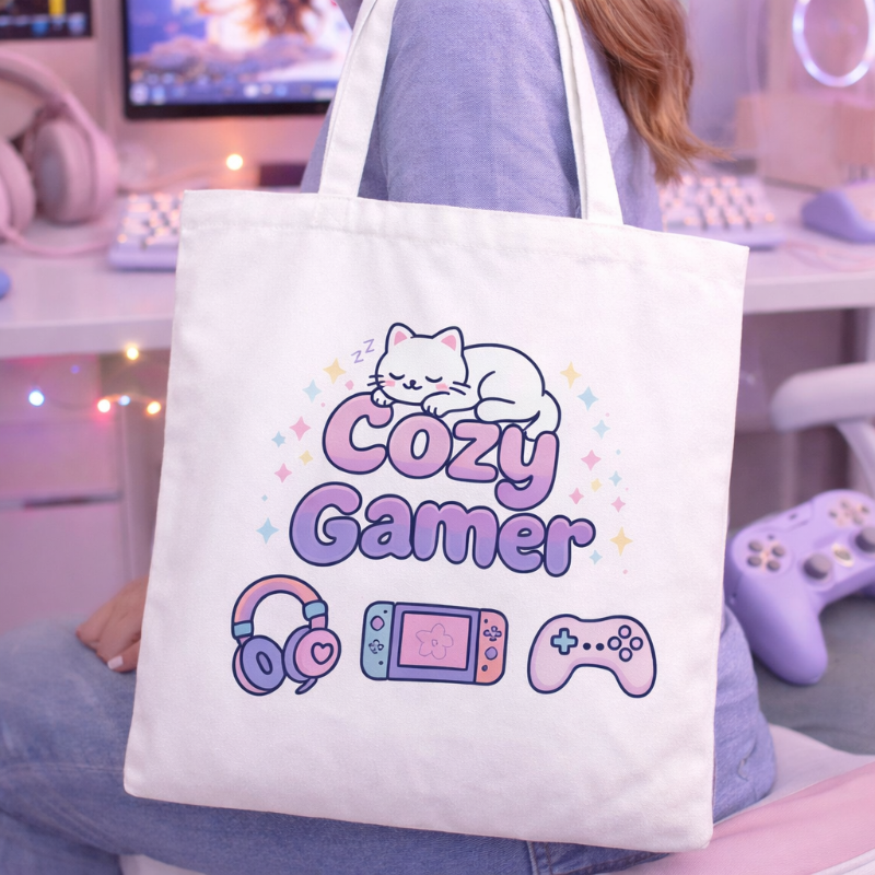 Tote bag with 'Cozy Gamer' design held by a person in a gaming setup.