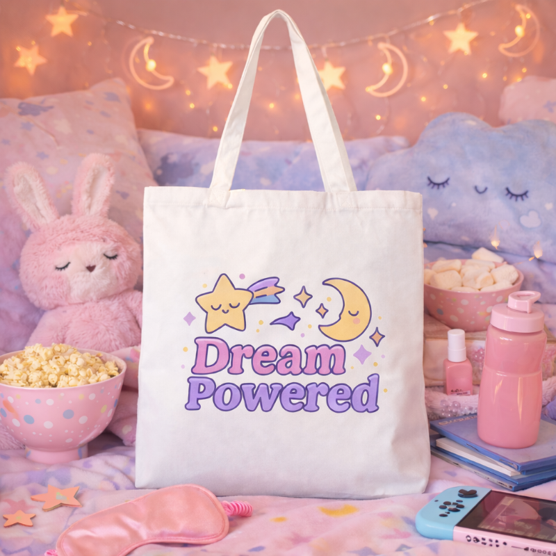Tote bag with 'Dream Powered' design on a bed with plush toys and snacks.