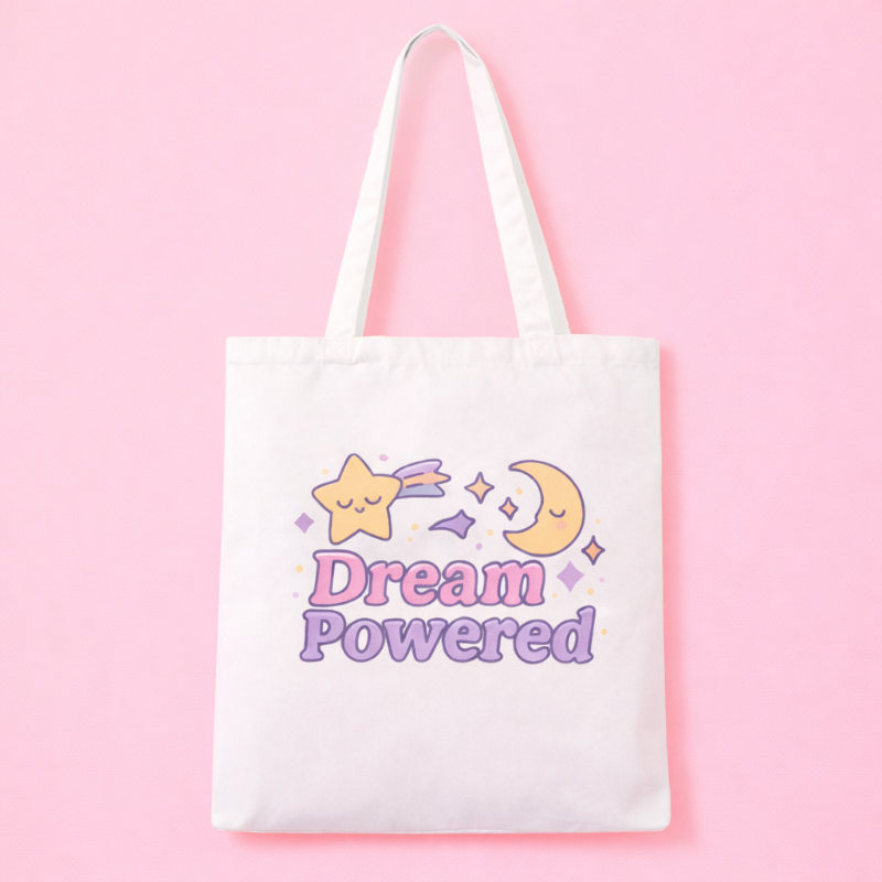 White tote bag with 'Dream Powered' text and shooting star and moon design on a pink background