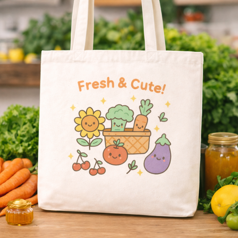 Kawaii Farmer's Market Bag with kawaii produce design surrounded by actual produce