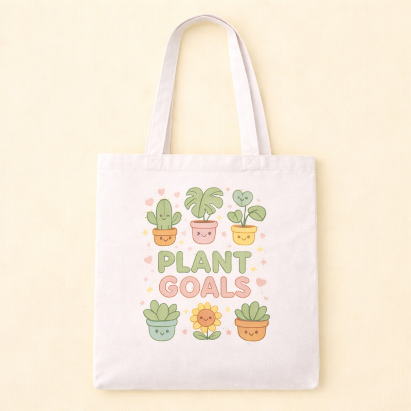 Kawaii Gardeing Tote Bag with cute House plants illustration and text that says "Plant Goals"