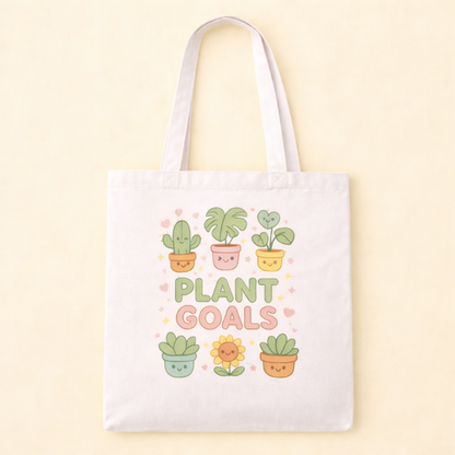 Kawaii Gardeing Tote Bag with cute House plants illustration and text that says "Plant Goals"