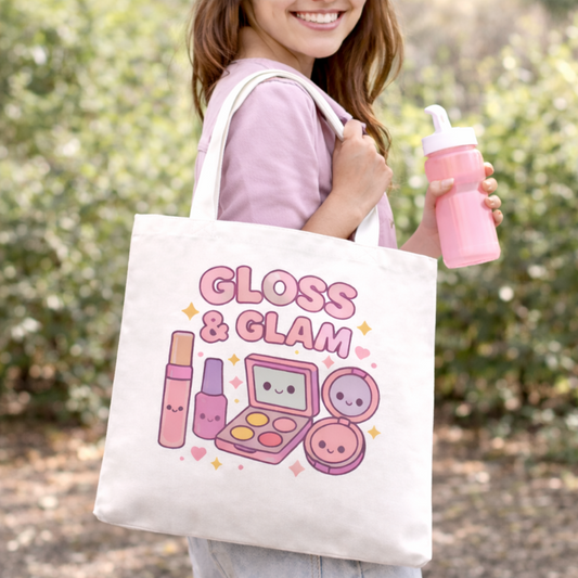 Woman wearing a pink shirt carrying a akwaii Gloss & Glam tote bag while holding a pink and white water bottle.