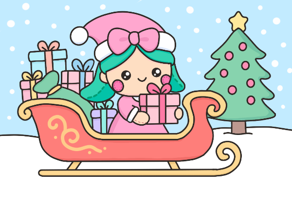 Kawaii Girl Holding Presents on a Sleigh with a snowy background