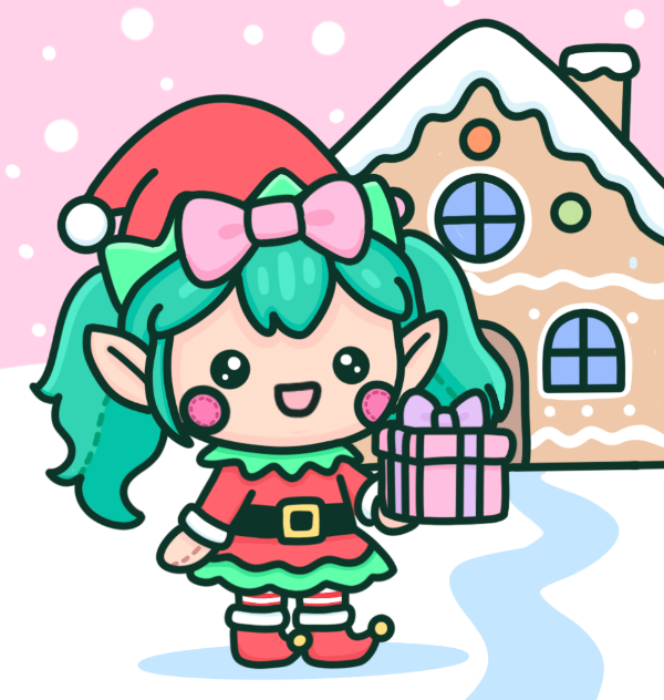 Kawaii Christmas elf character with a gift in front of a gingerbread house with a pink snowy background
