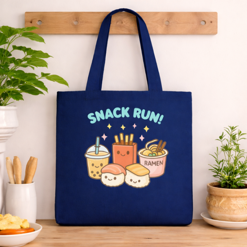 Snack run tote bag sitting on a table next to plants and up against a wall