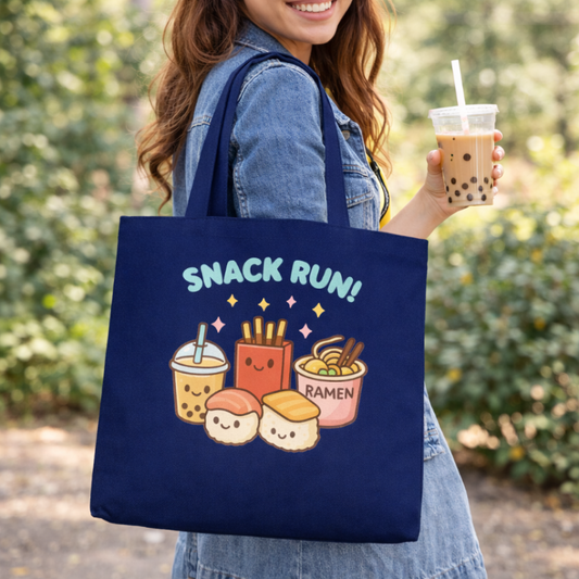 Woman wearing navy blue Snack Run tote bag while holding boba tea
