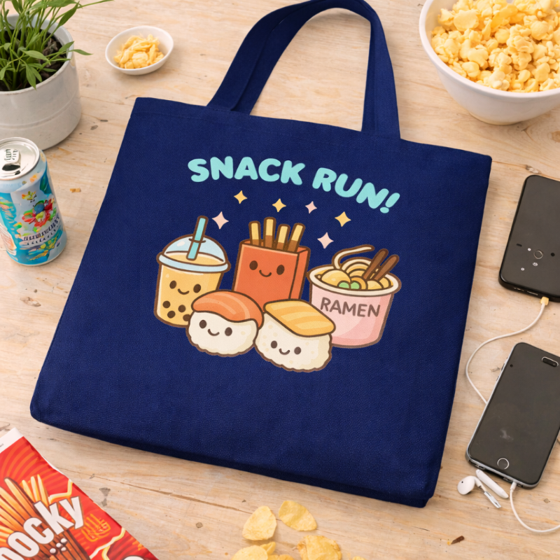 Kawaii Snacks tote bag on a table surrounded by snacks and two cell phoens
