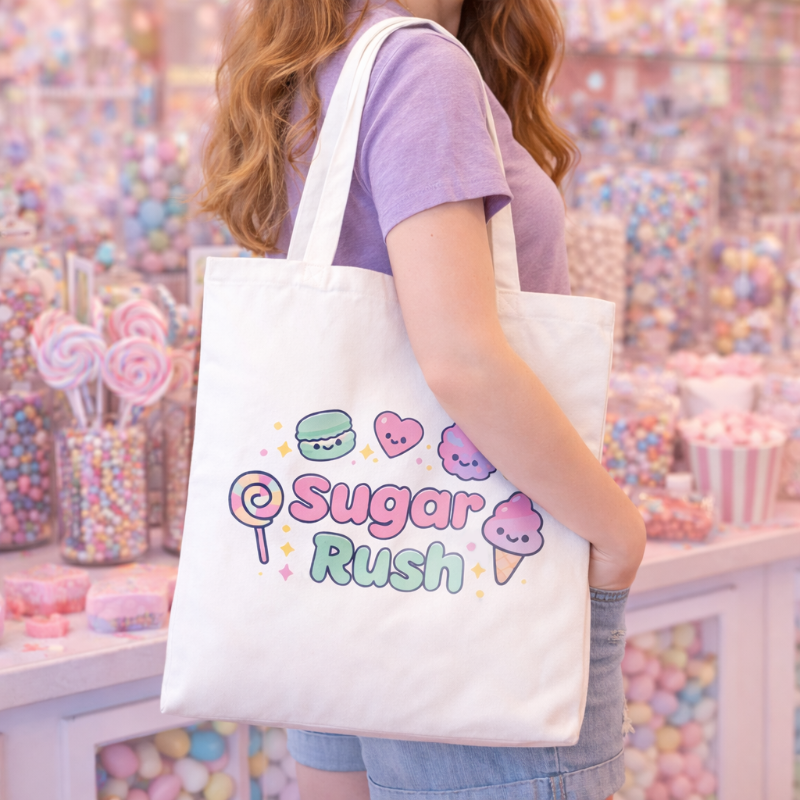 Person holding a tote bag with 'Sugar Rush' design in a candy store.
