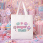 Tote bag with 'Sugar Rush' design in a candy-themed setting