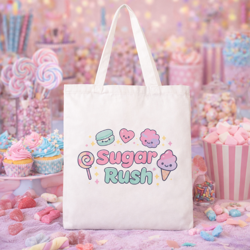 Tote bag with 'Sugar Rush' design in a candy-themed setting