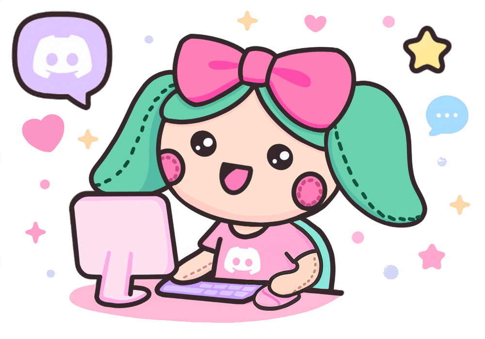 Kawaii girl with green hair on a pink desktop computer using Discord