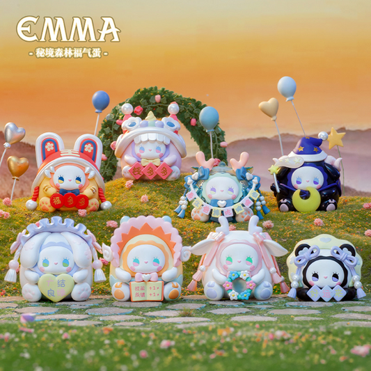 MJ Studio Emma Lucky Egg Fortune Blind Box Kawaii Forest Figures displayed on a grass hilltop 