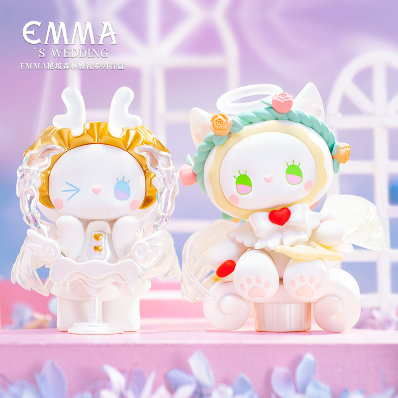 Two cute figurines with a pastel background, featuring the brand 'EMMA'.