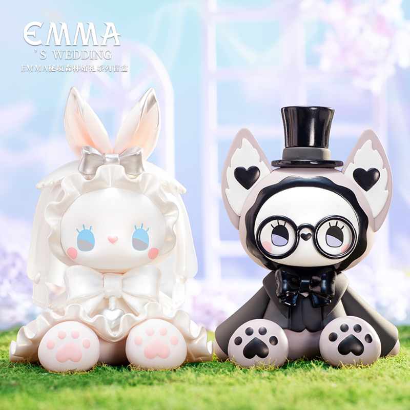 Two kawaiii characters, one resembling a rabbit and the other a dog with glasses, standing on grass with a blurred background.