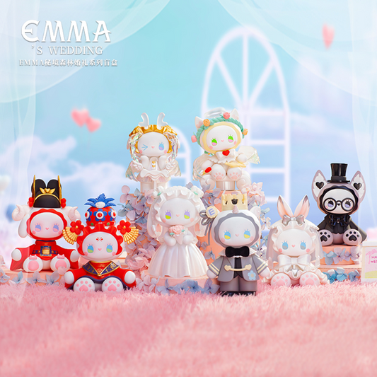 Collection of kawaii figurines on a pink surface with a light blue background featuring a Ferris wheel.