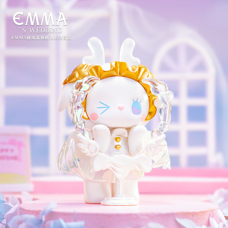 Kawaii character figurine with a pastel background, featuring the brand 'EMMA'.