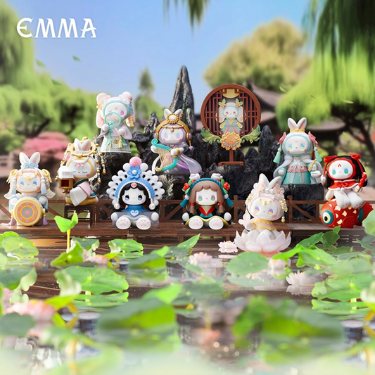 Emma Blind Box forest lantern festival collection and range of the figures in front of a blurred forest background