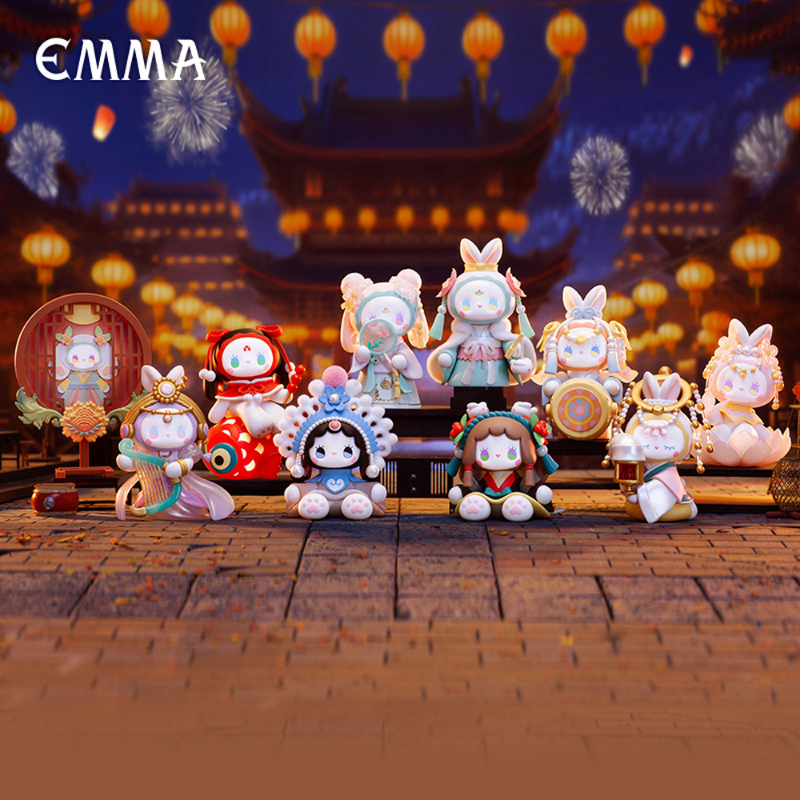 Emma Blind Box forest lantern festival collection and range of the figures in front of a blurred temple background.