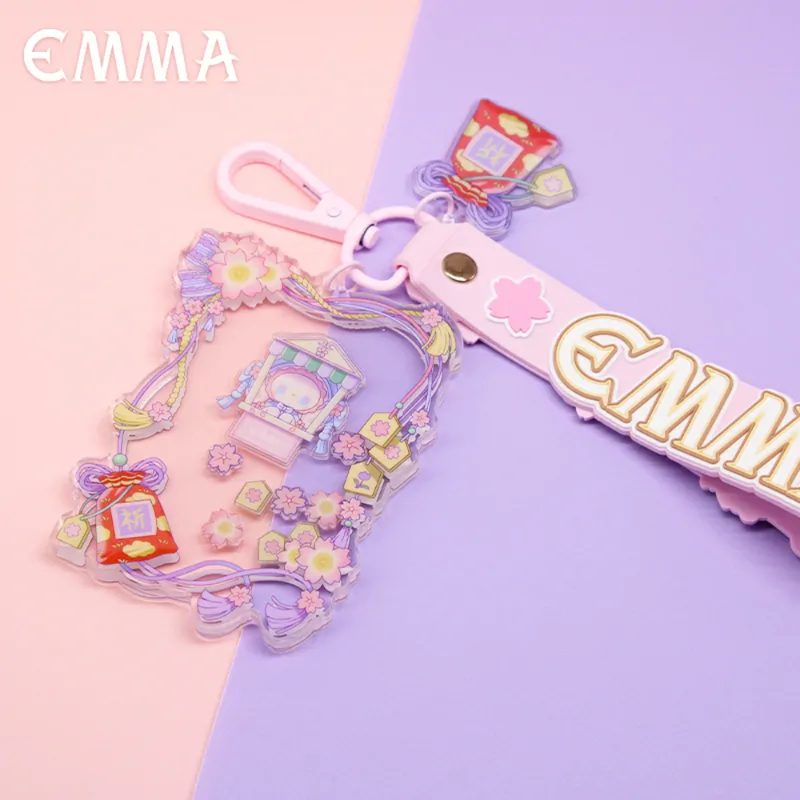 MJ Studio Emma Cherry Blossom Shaker Keychain Kawaii Pink Petals on a pink and purple background.