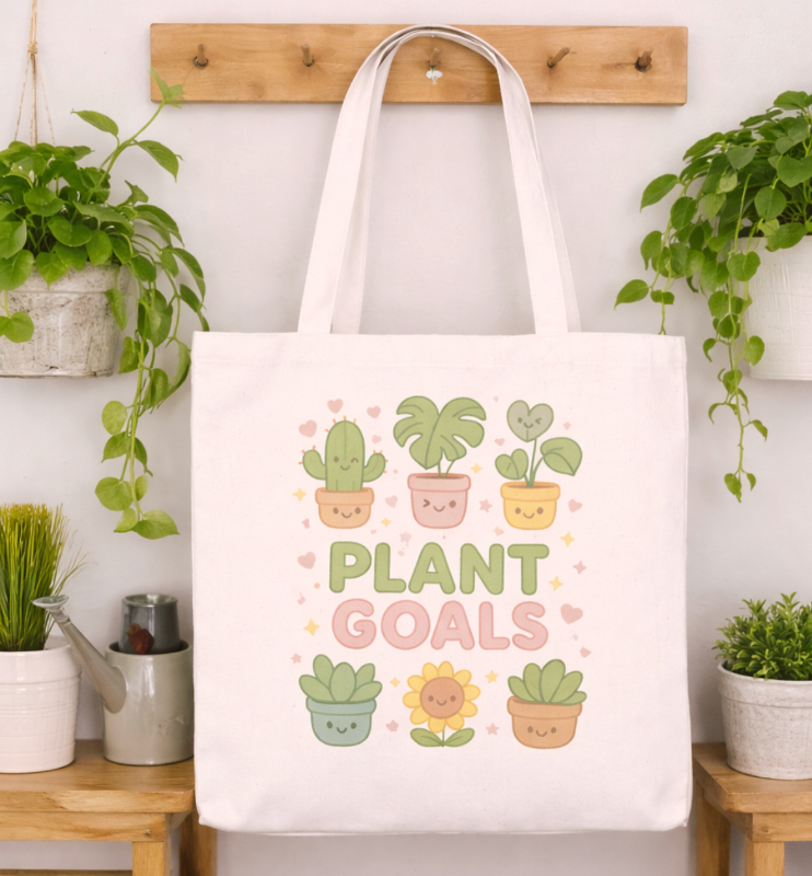 Tote bag with 'Plant Goals' design hanging on a wooden hook with plants in the background.
