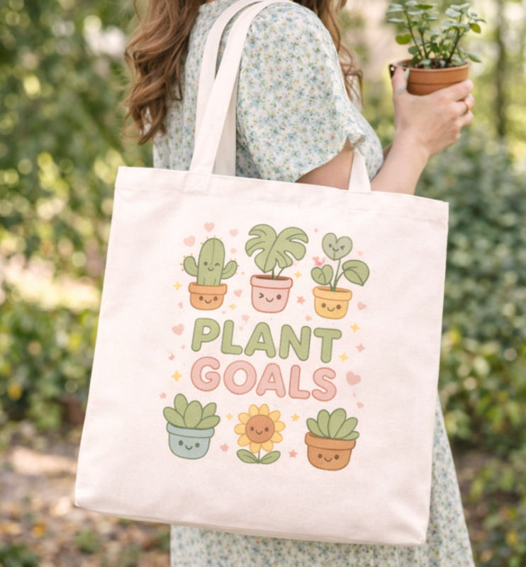Tote bag with kawaii plant-themed design held by a person in an outdoor setting