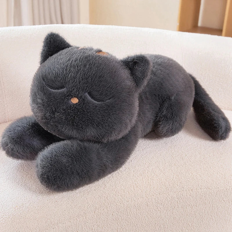 Gray Kawaii sleepy cat body pillow plushie with eyes closed