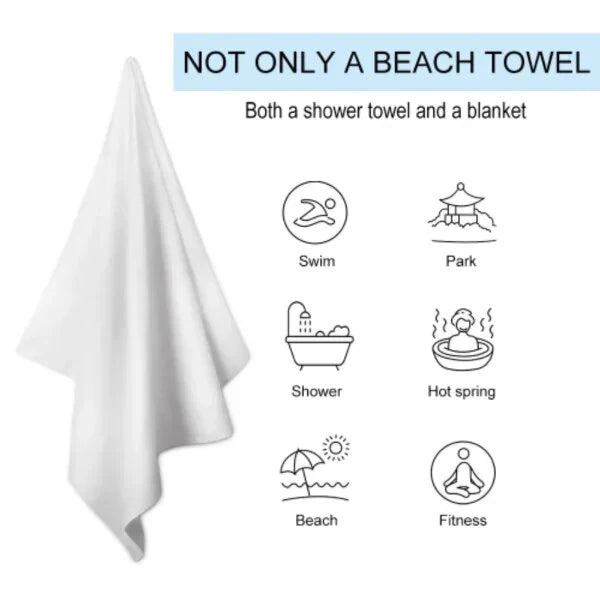 White towel with icons indicating its versatility as a shower, park, swim, bath, hot spring, beach, and fitness towel.