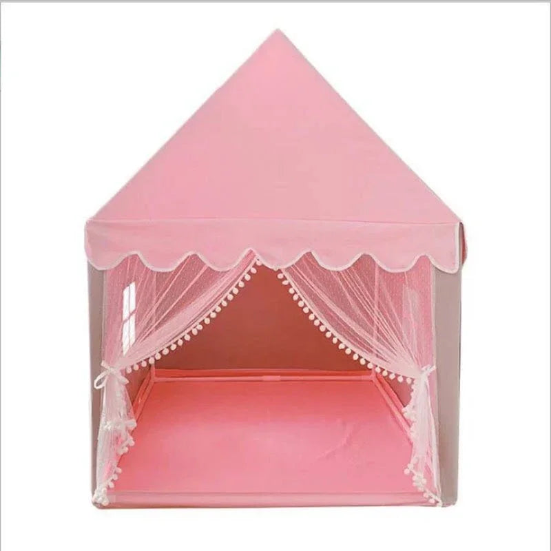 Pink children's play tent with a canopy on a white background