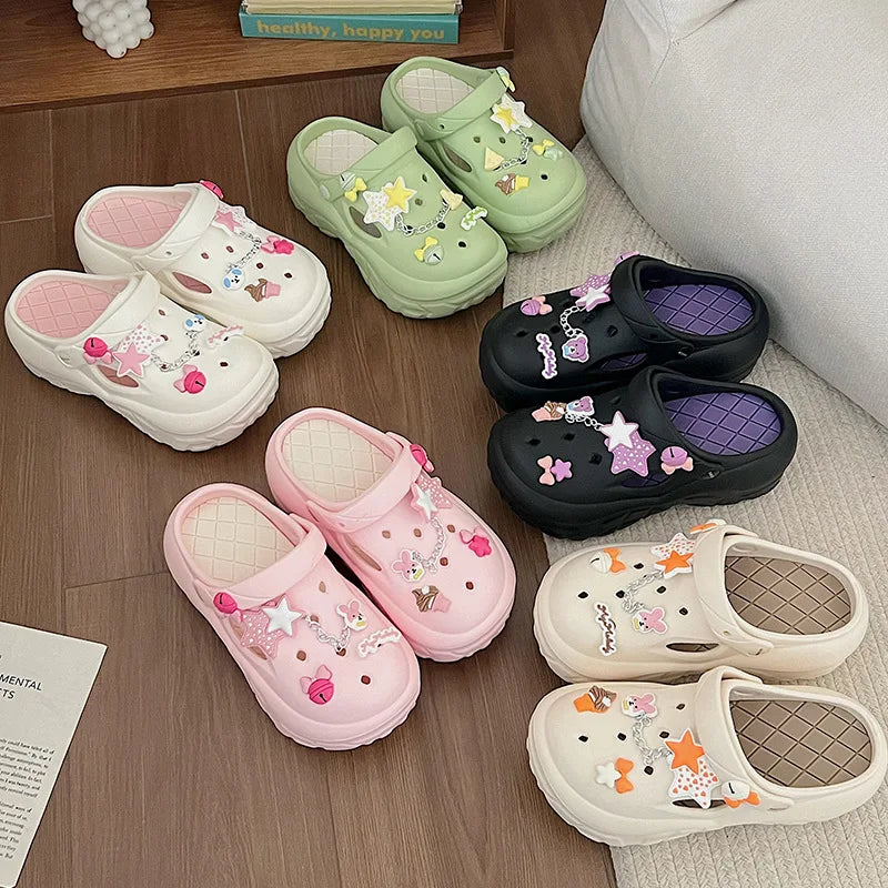 Colorful sandals with decorative stars and bows elements on a wooden floor.