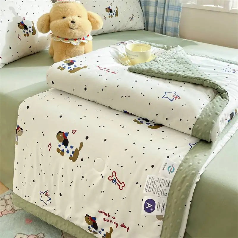 Kawaii Spring Quilts, the set being displayed is Cute Party Dog Design, its shown on a bed half open
