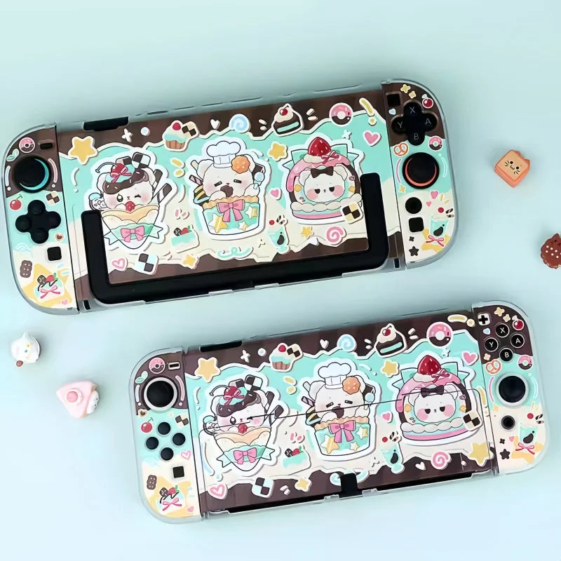 Two gaming consoles with kawaii character design on a light blue background
