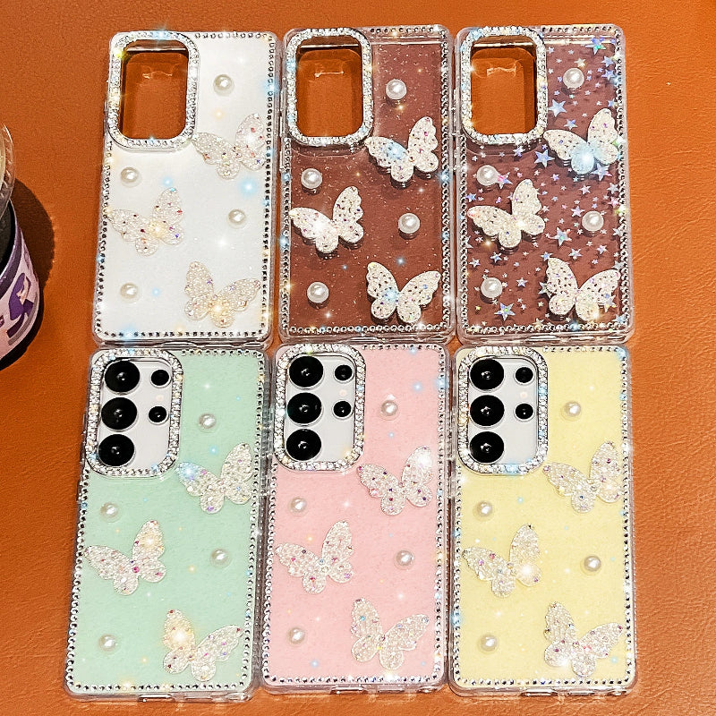 Set of six phone cases with butterfly designs on a brown surface, the colors being mint green , pink , pastel yellow and white, the other designs left are see through