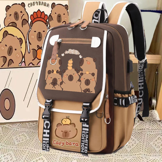 Brown backpack with bear illustrations and 'Capybara' branding on a textured surface.