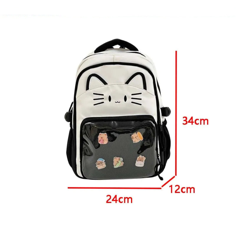 Black neko backpack displayed by a white background and measurements