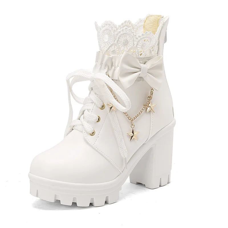 White lace-up boot with a bow and star charm on a white background