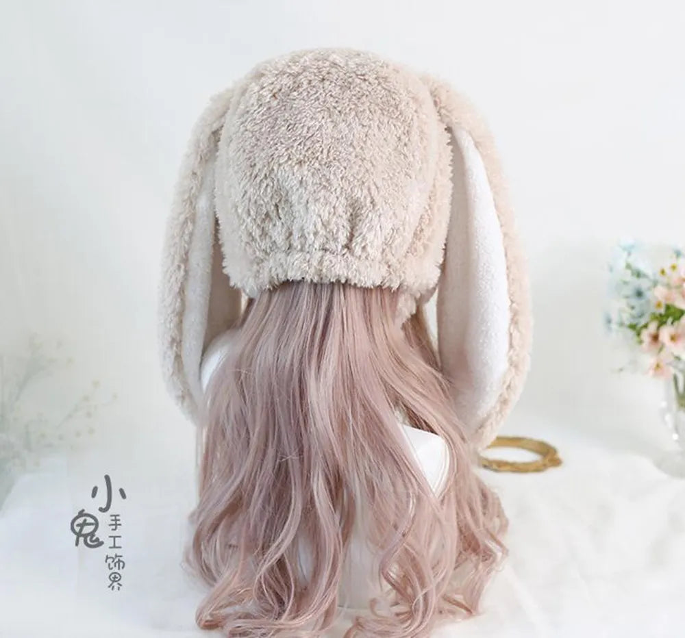 奥ゆかしい夜泣き婆Fuzzykon Rabbit long ear cap Y2K Fuzzy Bunny Hat for Women Cute Plush Beanie with Bunny Ears