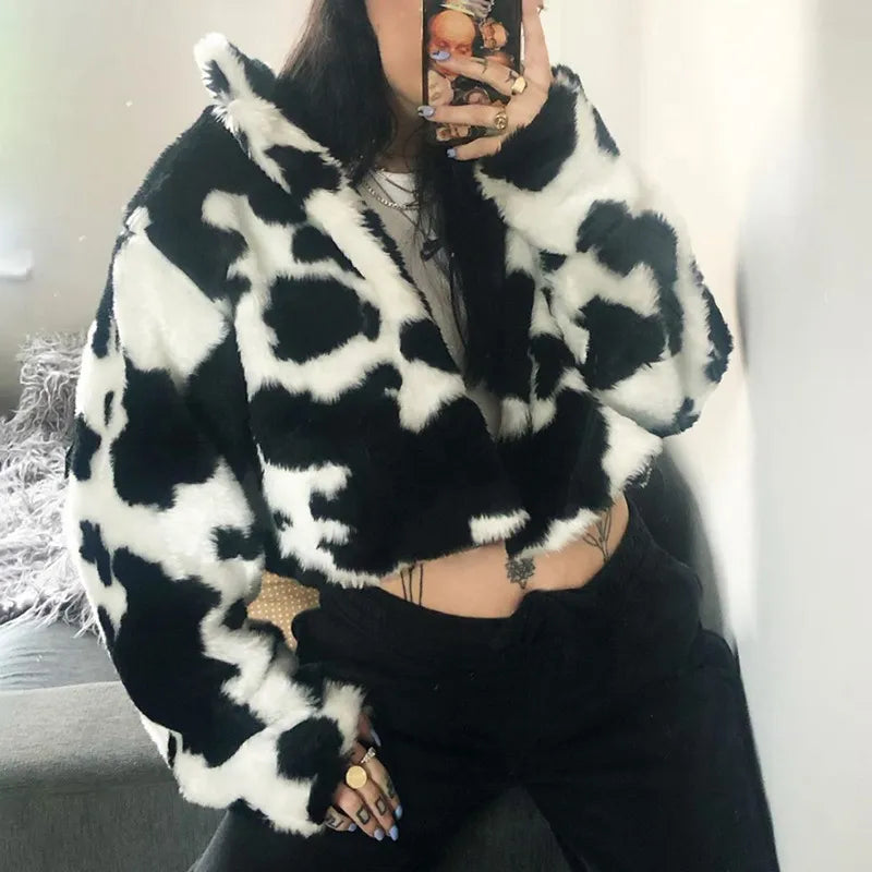 Kawaii Cow Print Faux Furry Cropped Coat