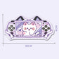 Mouse pad with game console & cat design and dimensions on a light purple background