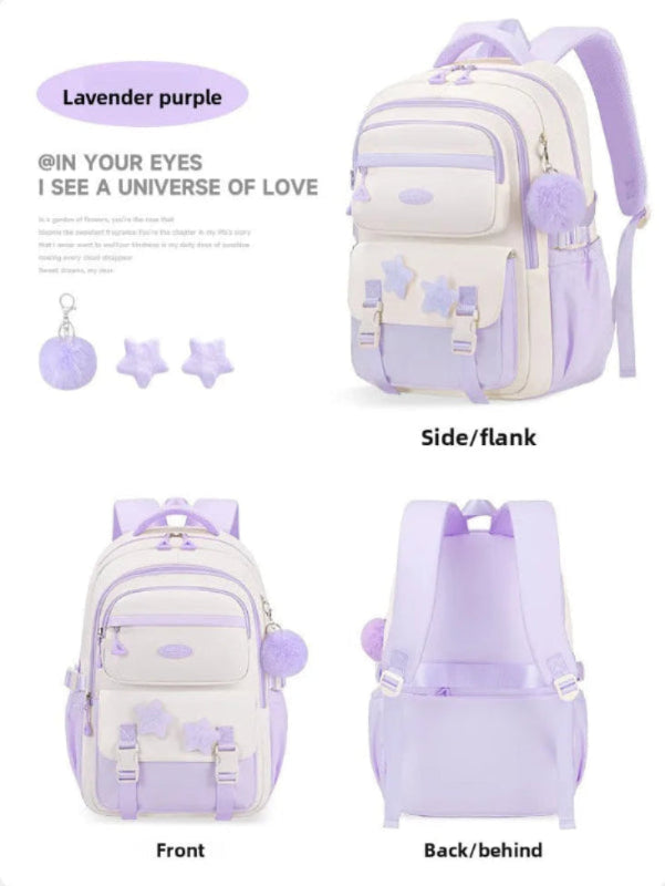 Lavender purple backpack shown from multiple angles on a white background