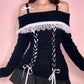 Front view of a Kawaii Coquette Off Shoulder Ribbon Sweater modeled by a woman in black 