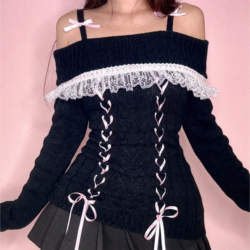 Front view of a Kawaii Coquette Off Shoulder Ribbon Sweater modeled by a woman in black 
