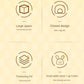 Product features with icons and text on a beige background